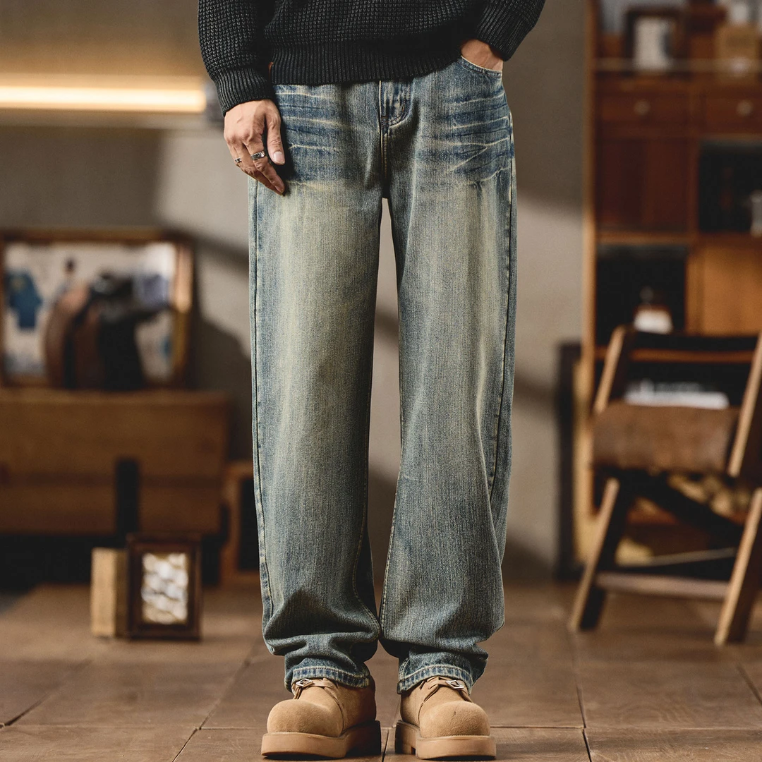 高级感痞帅黄泥色牛仔裤男春秋季美式复古重工水洗宽松直筒长裤子