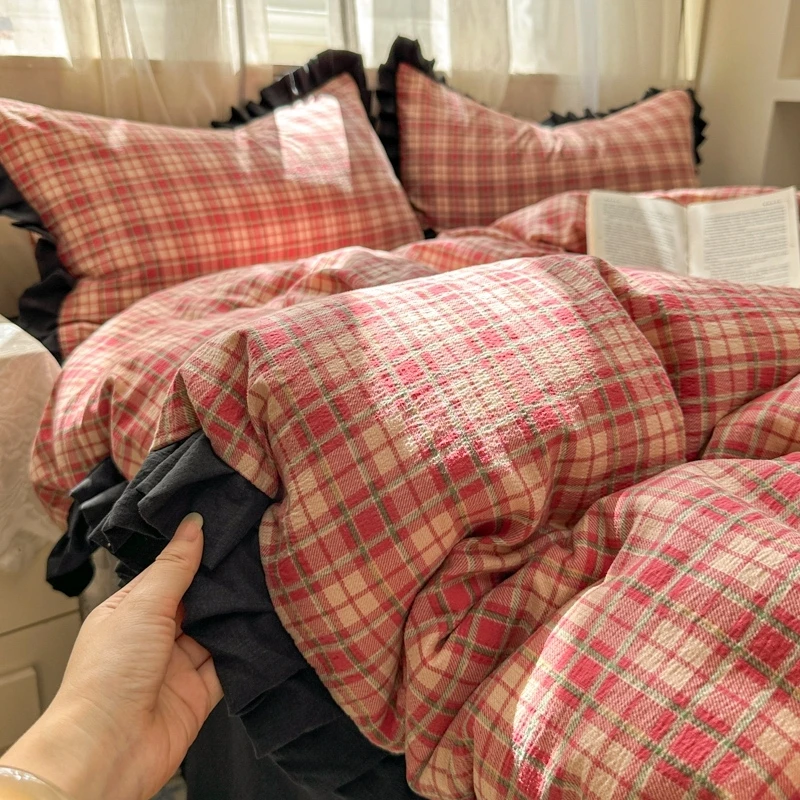 ins赫本风纯棉床上四件套100全棉被套床单人三件套床笠公主风床品