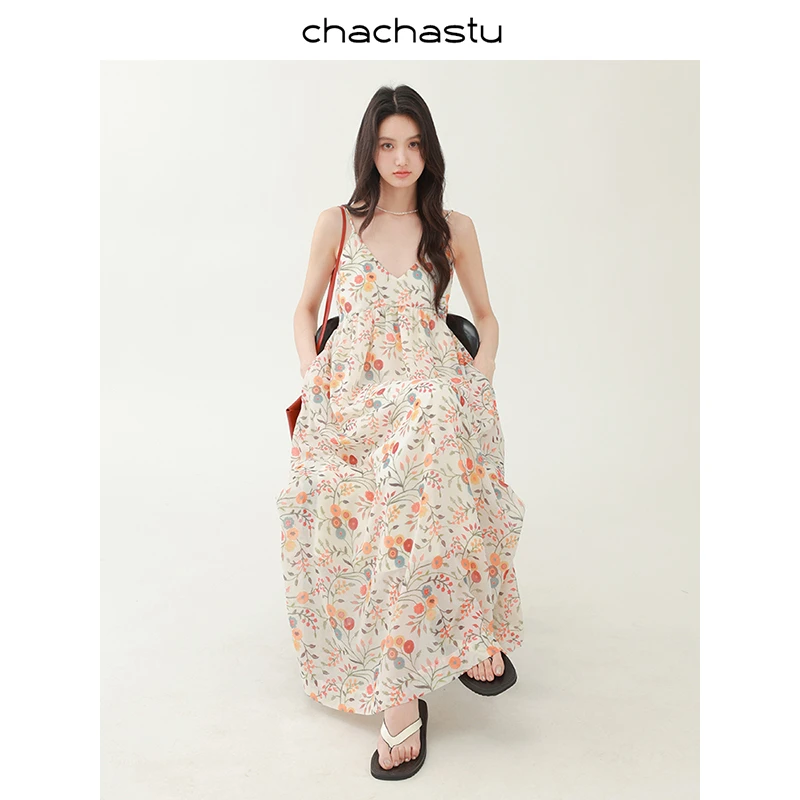 CHACHASTU【夏日生命力】加州橘子汽水 度假风高腰系带吊带裙H4147W
