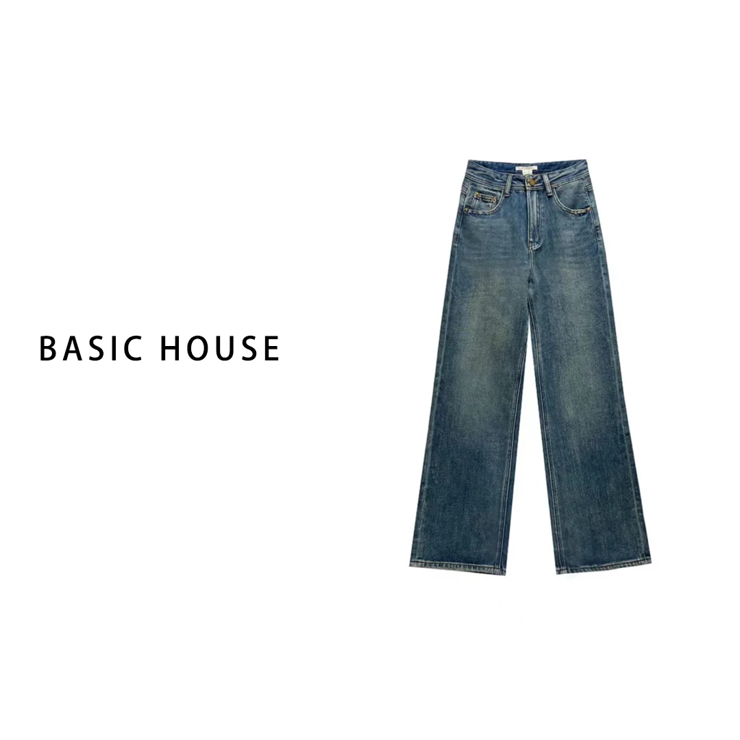 Basic House/百家好2024秋新款显瘦高腰百搭时尚休闲宽松牛仔裤女