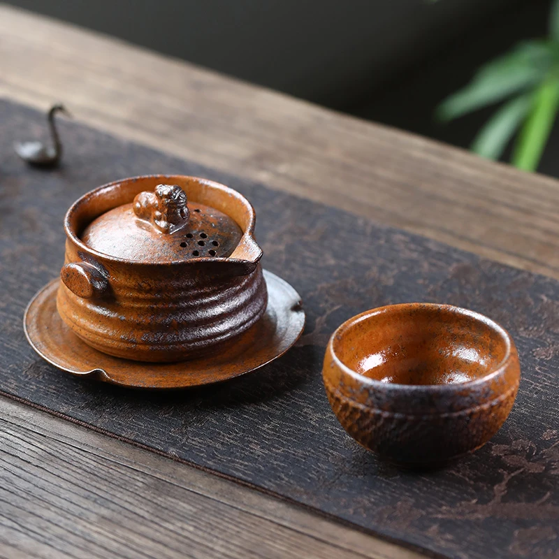 狮子陶瓷大号手抓壶茶壶家用纯手工茶具柴烧快克杯原矿紫砂130ml