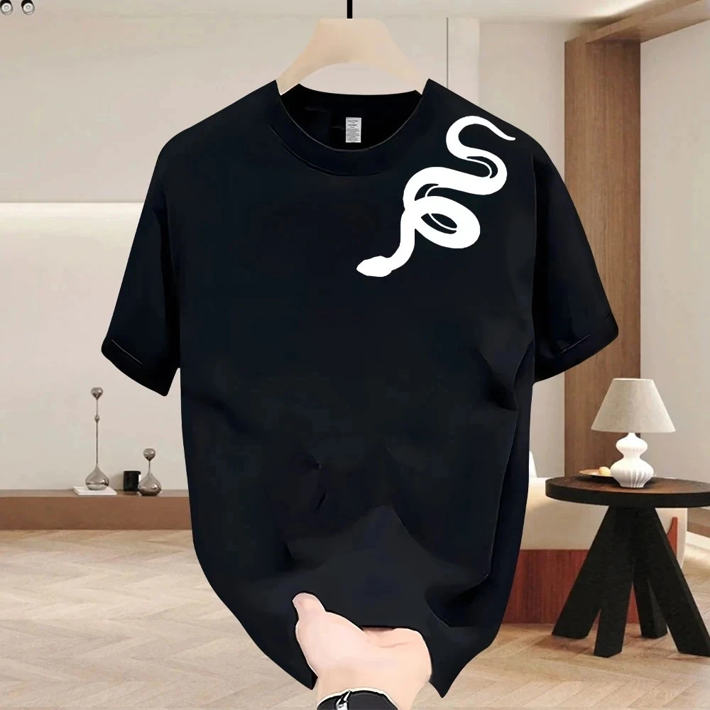 仓石一树新款夏季国潮短袖T恤男士圆领纯棉宽松百搭蛇形印花上衣