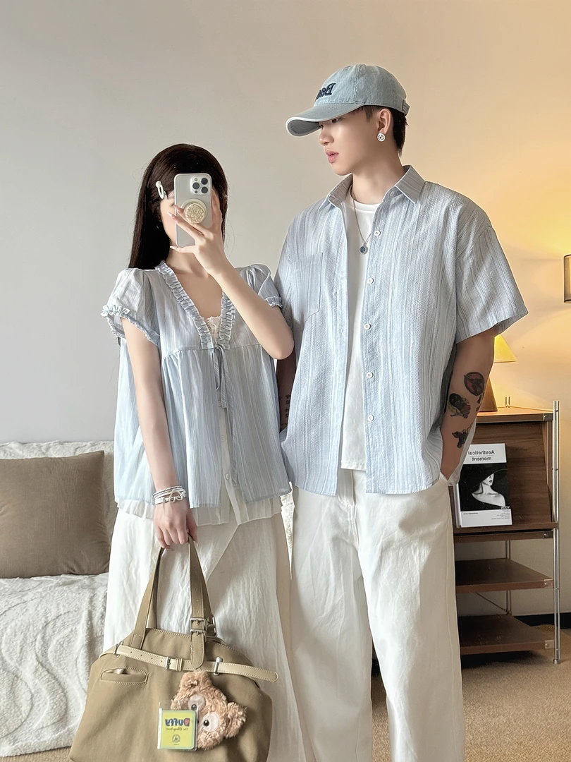 情侣装夏天款一男一女法式简约条纹显瘦宽松时尚情侣衬衫套装网红