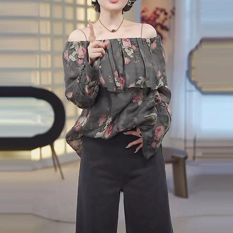 法式一字肩碎花荷叶边衬衫女夏季新款小众气质百搭显瘦长袖上衣潮