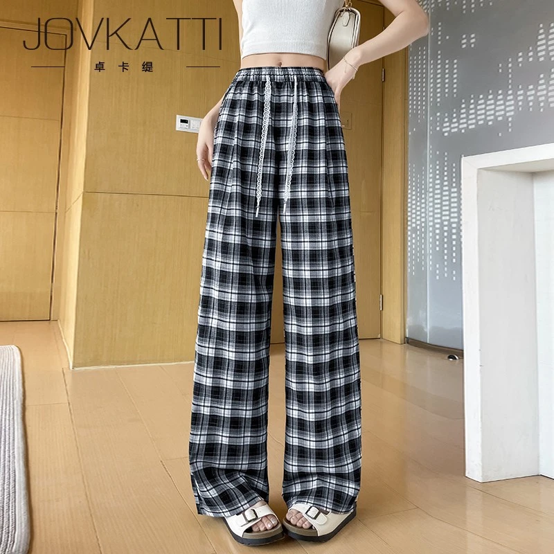 格子阔腿裤女高腰夏季2025新款宽松直筒裤休闲垂感显瘦拖地裤子