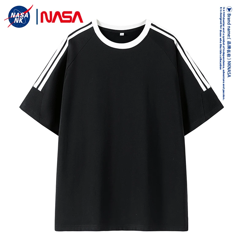 NASA联名插肩短袖t恤男女款简约纯色ins潮流半袖三条杠美式上衣服