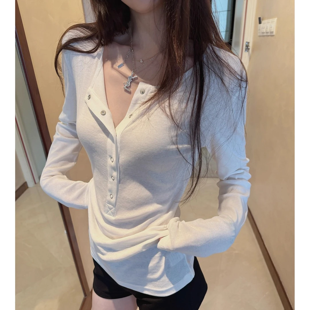 美式辣妹半开领长袖亨利衫女2025早秋新款慵懒风修身显瘦T恤上衣