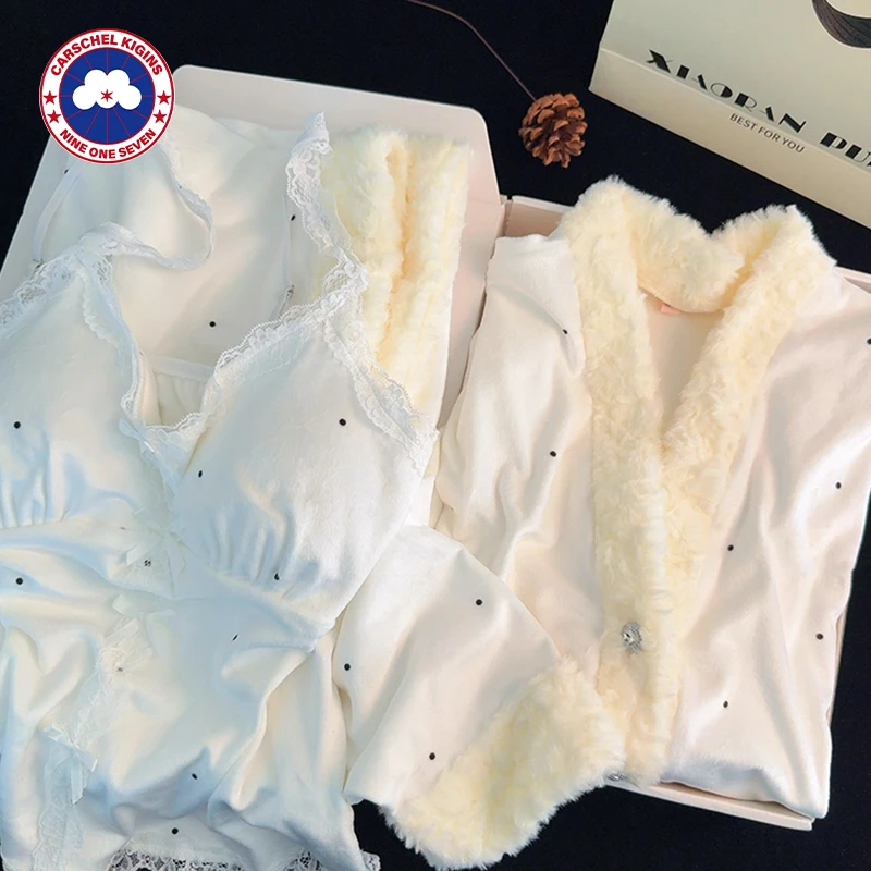 正品加鹅海岛绒波点睡衣冬季加绒加厚带胸垫三件套可外穿家居服