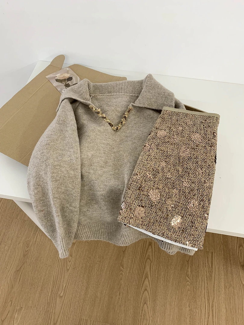 千金风套装女设计感重工编织翻领毛衣早秋亮片包臀裙半身裙两件套