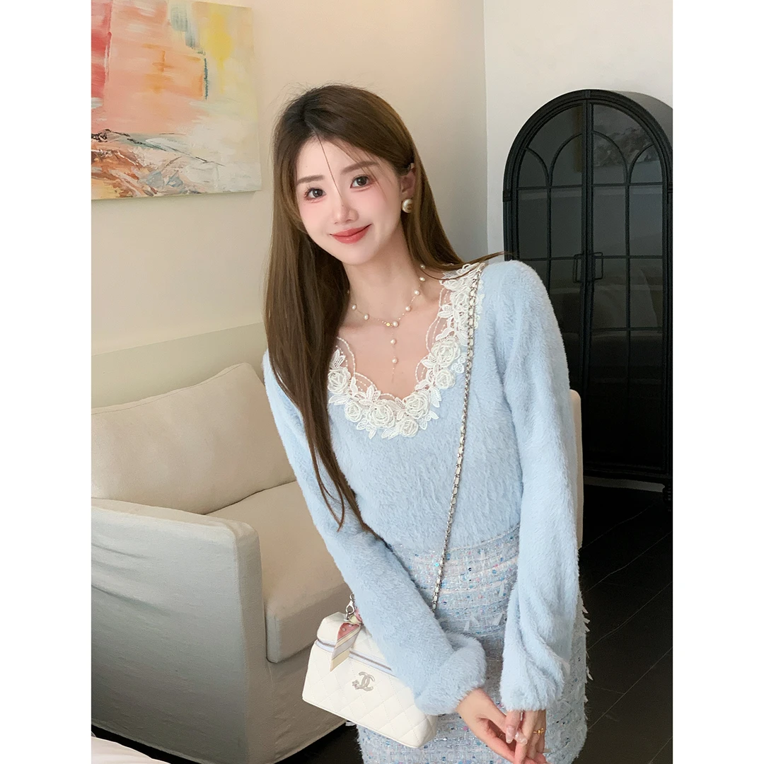 冰冰来了丨【海盐可露丽】少女感软糯仿貂绒针织衫甜美V领上衣27310