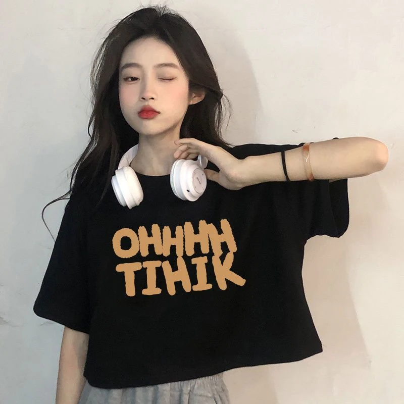 纯棉高腰短款露脐宽松短袖t恤女春夏新款印花简约黑色圆领上衣女