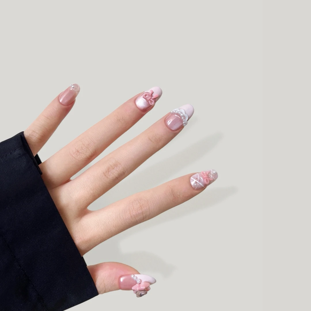 【粉钻法式猫眼】手工猫眼穿戴甲片2025新款高级感穿戴甲片短款