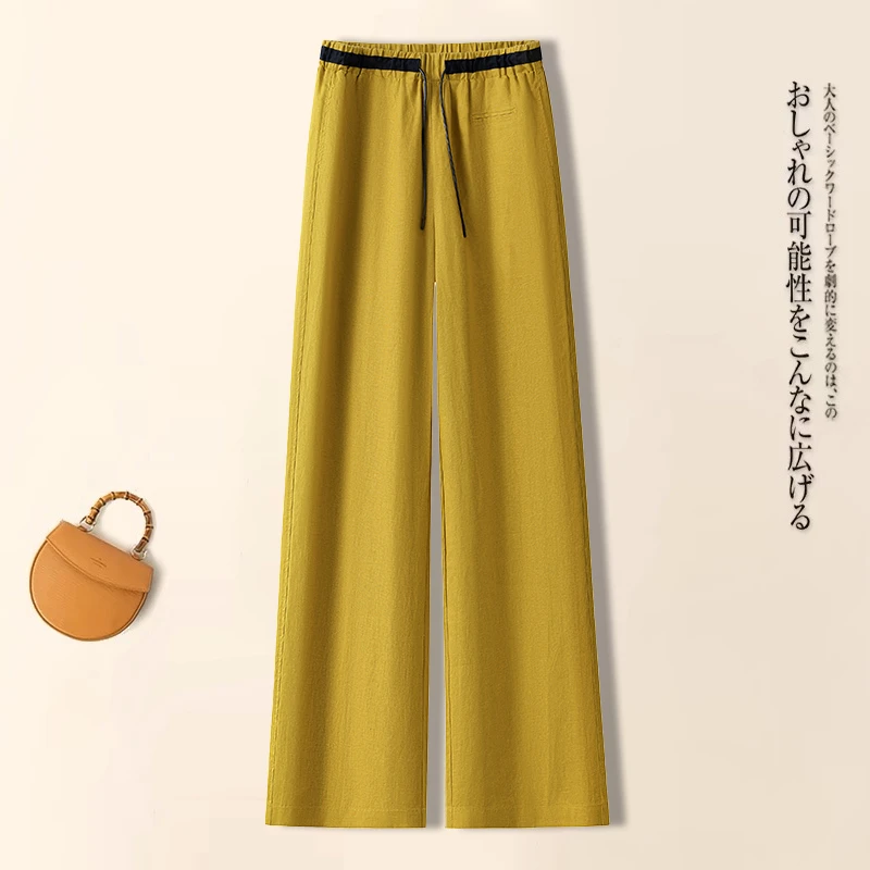 高端亚麻姜黄色阔腿裤女2025夏季新款抽绳松紧腰休闲棉麻冰丝裤子