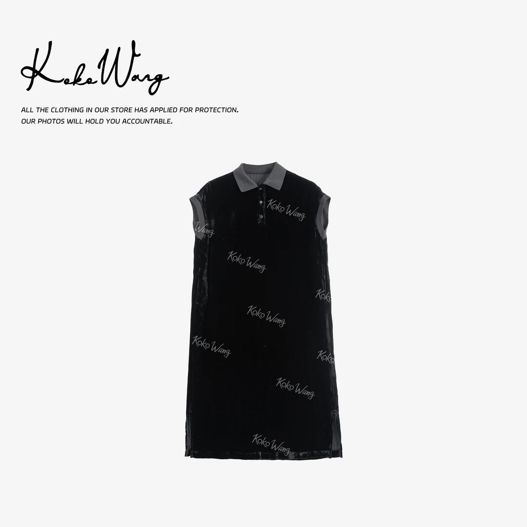 KOKO WANG夏季时尚100桑蚕丝丝绒polo领无袖连衣裙X1535G16Q43
