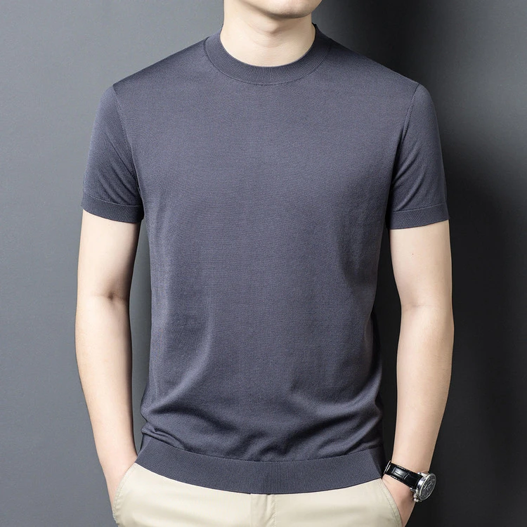 夏季新款蚕丝冰感圆领短袖经典款纯色弹力透气针织T恤
