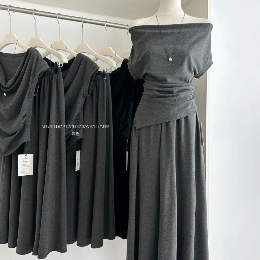 一字肩上衣夏季韩版高级感斜肩多穿收腰上衣+高腰半裙套装女两件