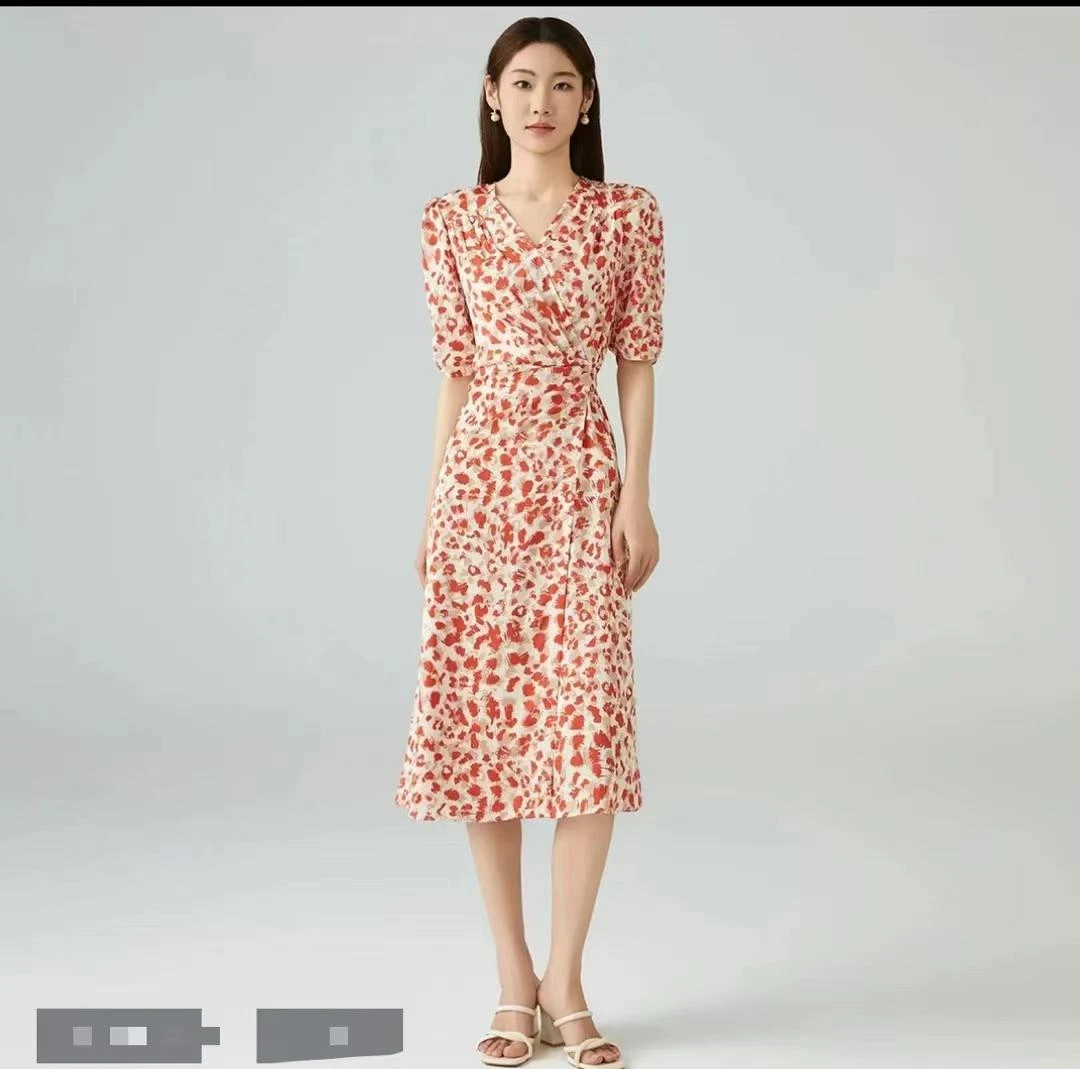 【YY617】2025夏季新款豹纹V领收腰显瘦连衣裙