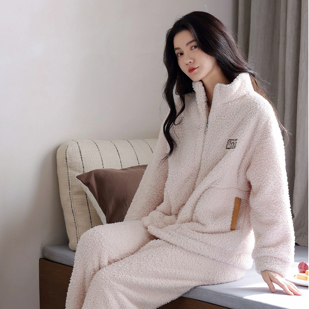 法兰绒睡衣女秋冬季加绒加厚长袖立领女士睡衣爆款2025新款套装