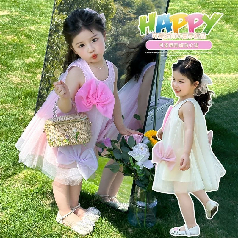 女童连衣裙夏季夏装2025新款洋气儿童背心蝴蝶结公主宝宝裙子3393
