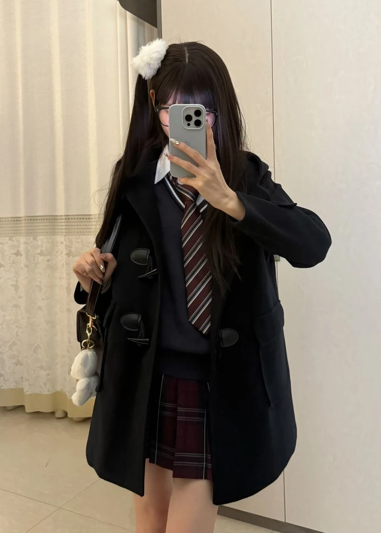 绒月岛原创jk牛角扣大衣女秋冬日系毛呢外套学院风夹棉外套加厚款