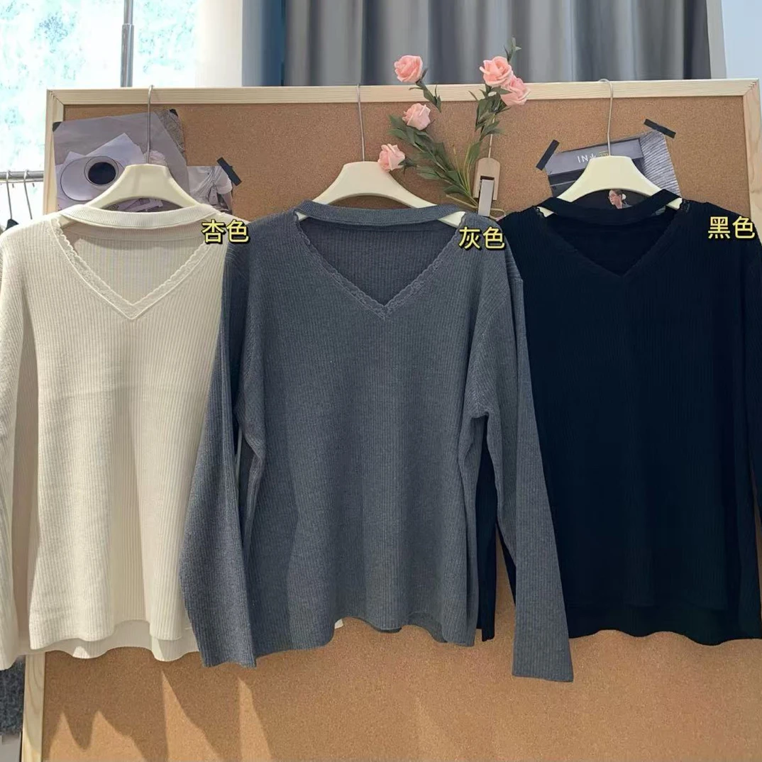 M•The17  2025秋冬新款韩系蕾丝拼接V领宽松显瘦内搭毛衣