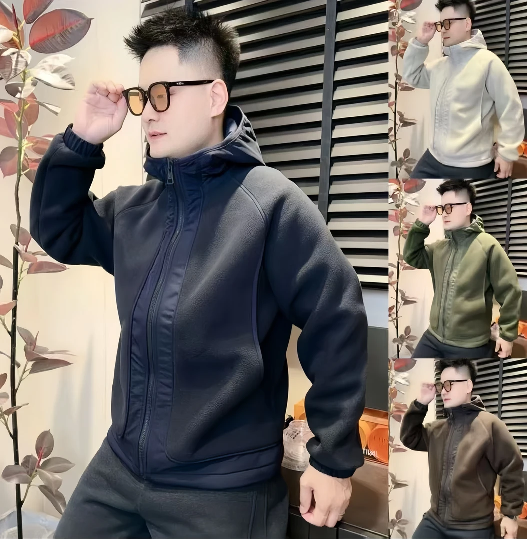 加厚摇粒绒拼接连帽外套新款男士时尚痞帅慵懒风外套58606秋冬