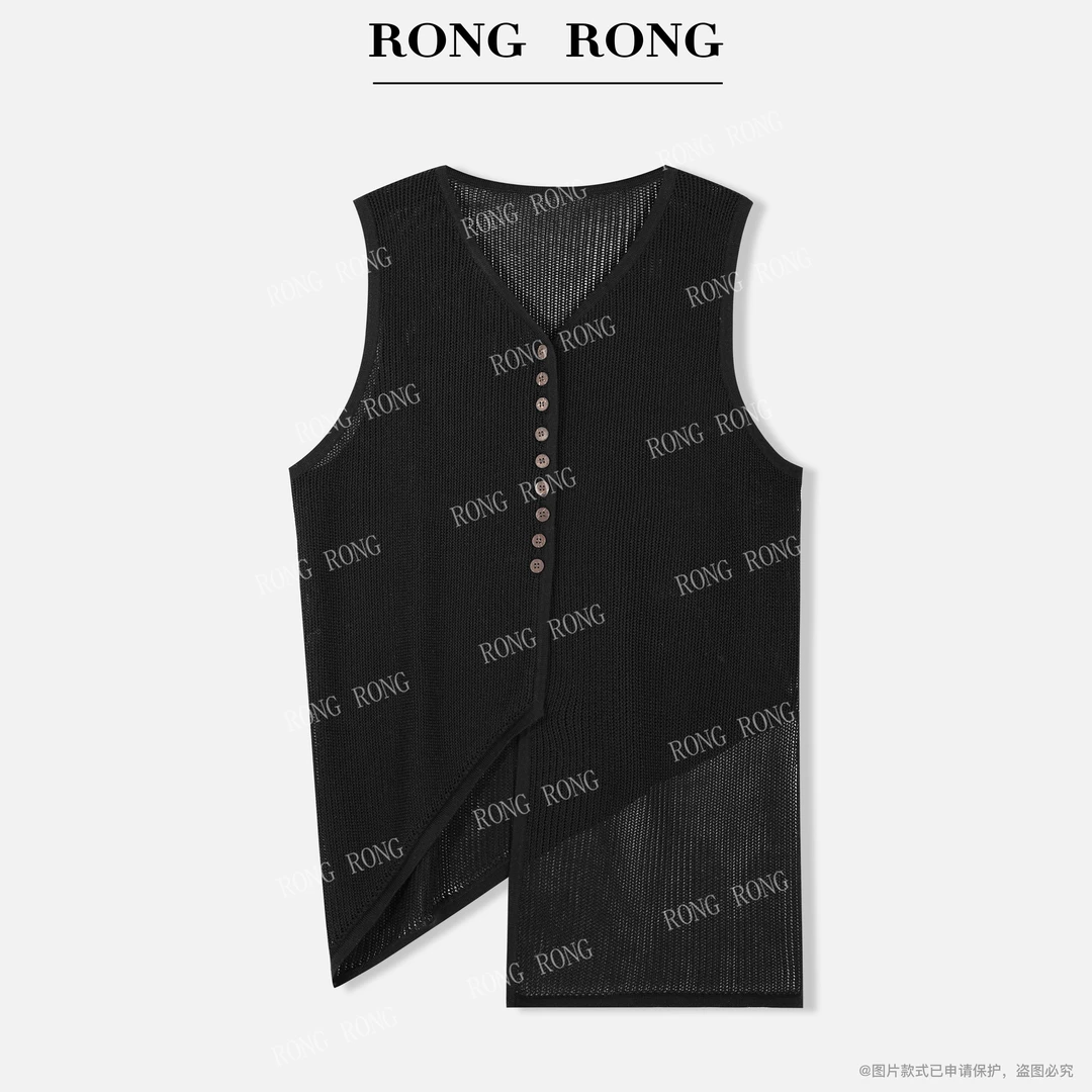 溶溶【月光织韵】RONGRONG 亚麻混纺V领设计感不对称针织马夹25S59