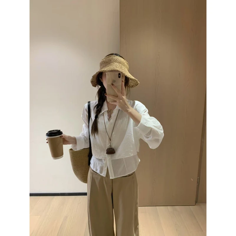 【48小时】夏季微透清凉感领口蕾丝边设计绑带收腰假两件衬衫上衣