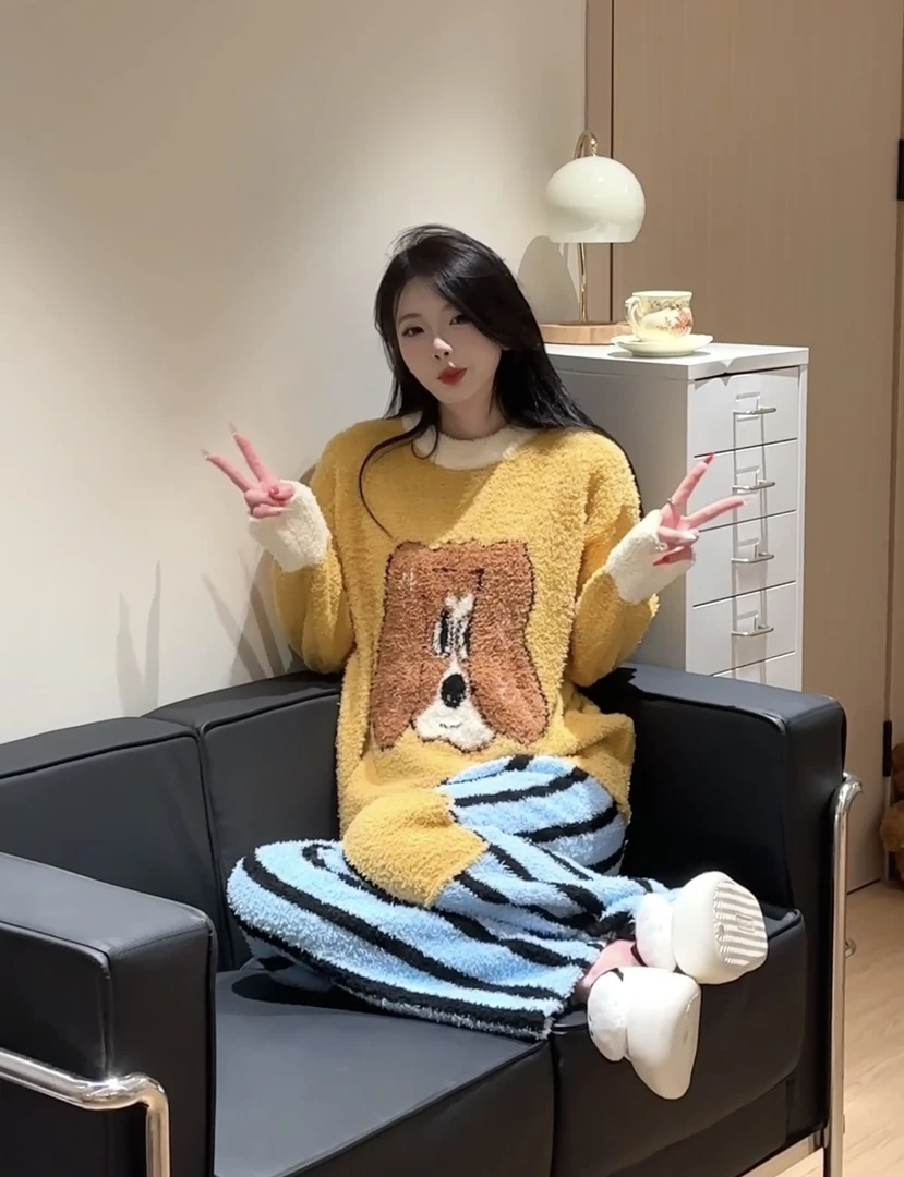 【VNS】一冬季可爱小狗韩系慵懒感半边绒睡衣女家居套装#创-24F971