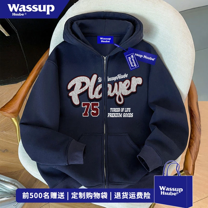 WASSUP HSUBE 高街创意字母印花开衫卫衣秋冬季潮牌百搭连帽外套