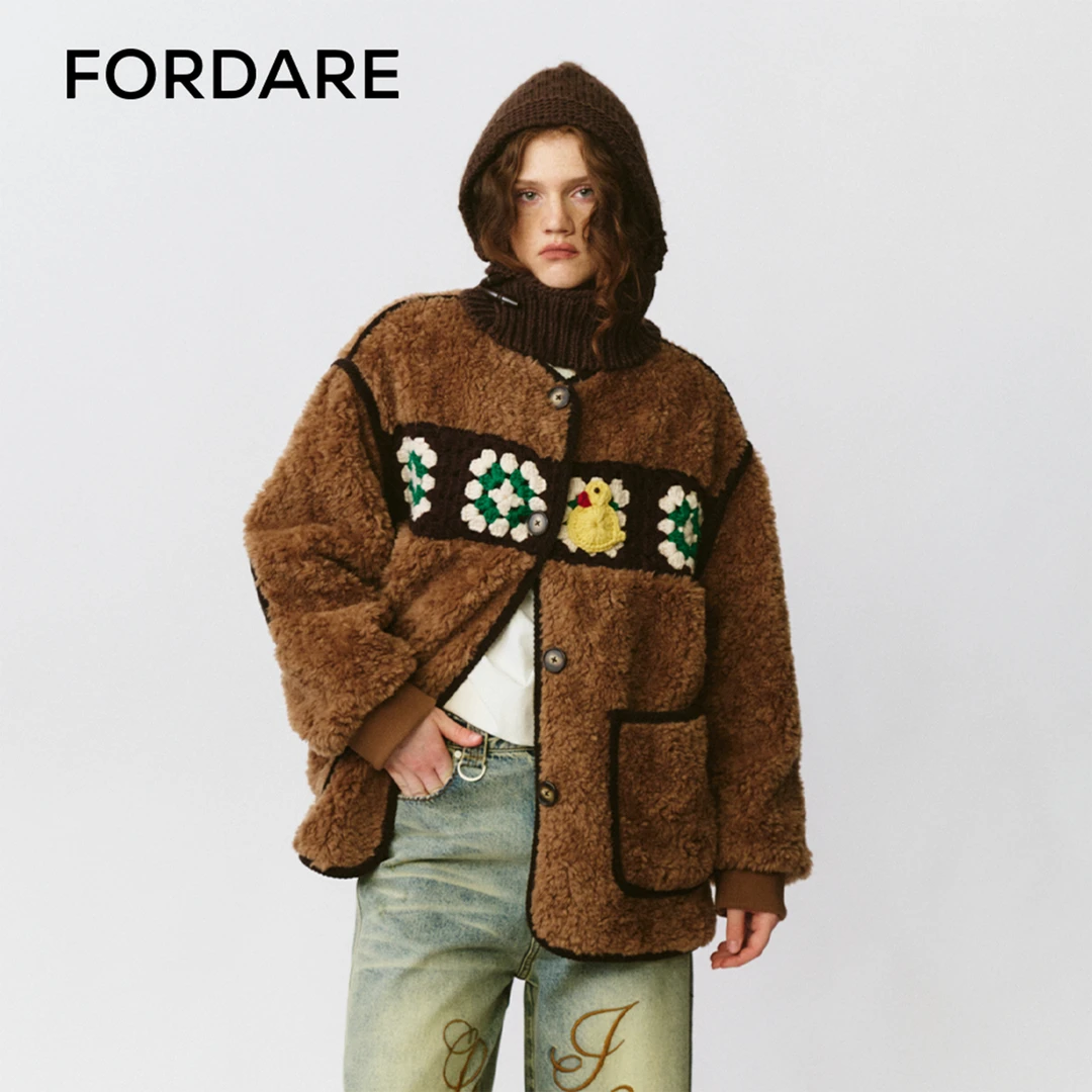 FORDARE/福蝶 25秋冬新品 祖母格拼接毛绒外套休闲宽松时尚1525
