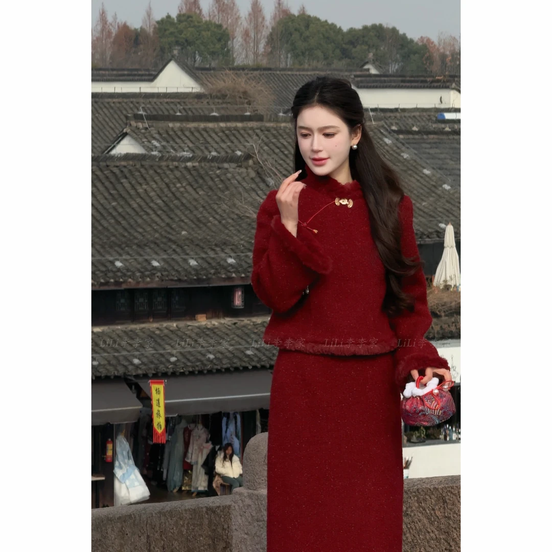 【半生韶华】LiLi新中式斜襟套头加绒外套+半裙XMZH5253