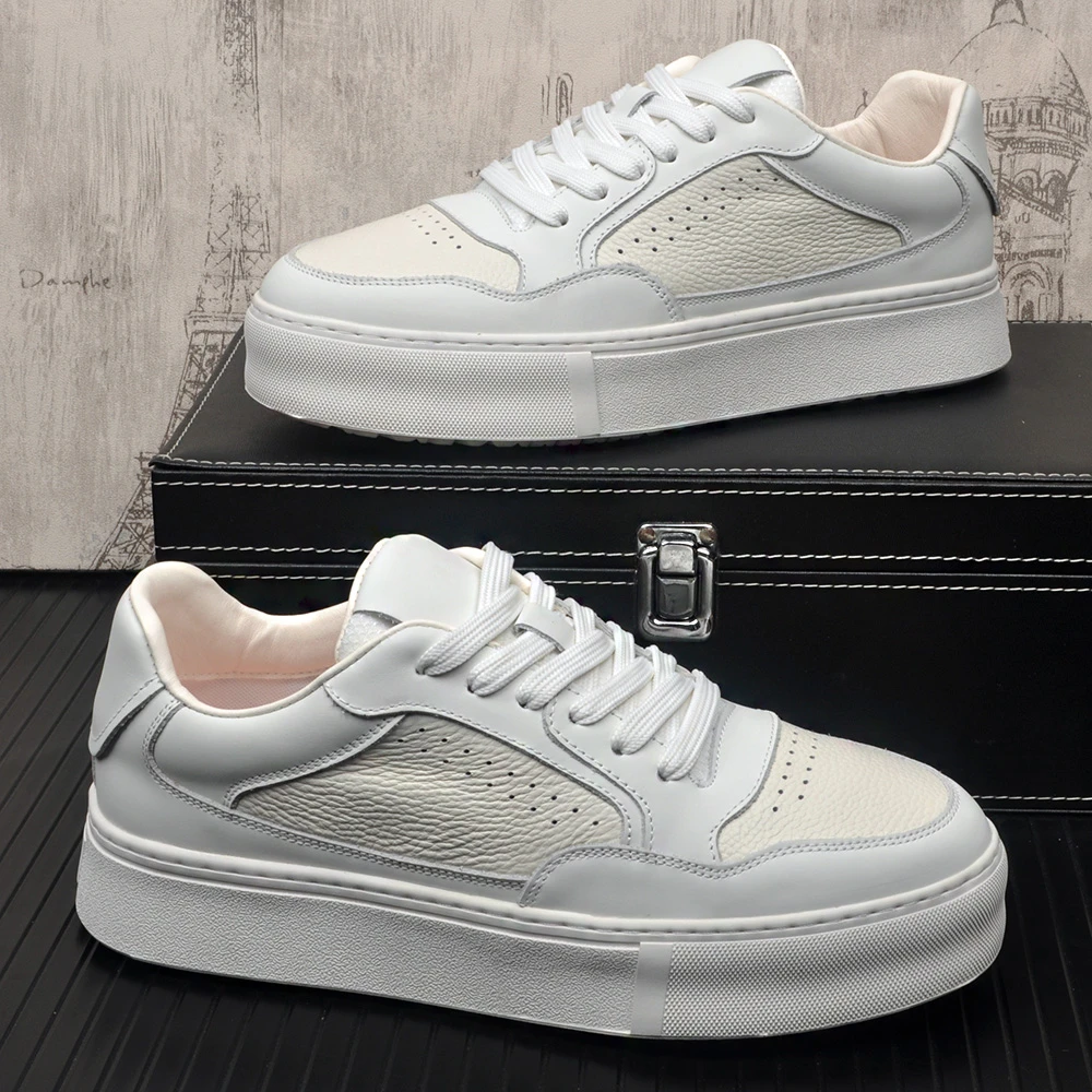 荔枝纹真皮男士透气休闲鞋韩版时尚百搭板鞋超轻舒适厚底小白鞋男