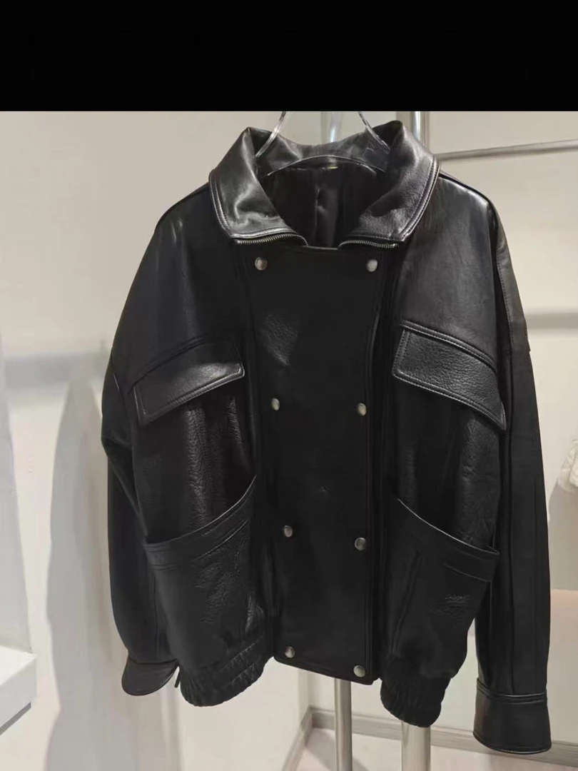 重工真皮皮衣女短款2025新款绵羊皮冬季宽松廓形机车夹克外套T