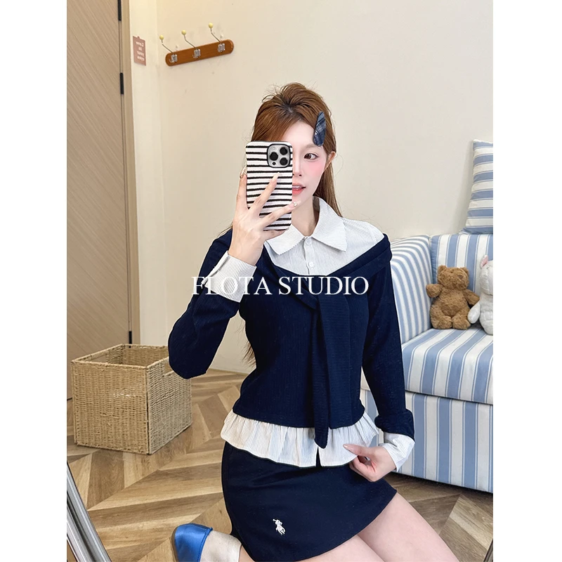 【flota】韩系高智风polo领衬衫拼接假两件长袖磨毛百搭上衣2914