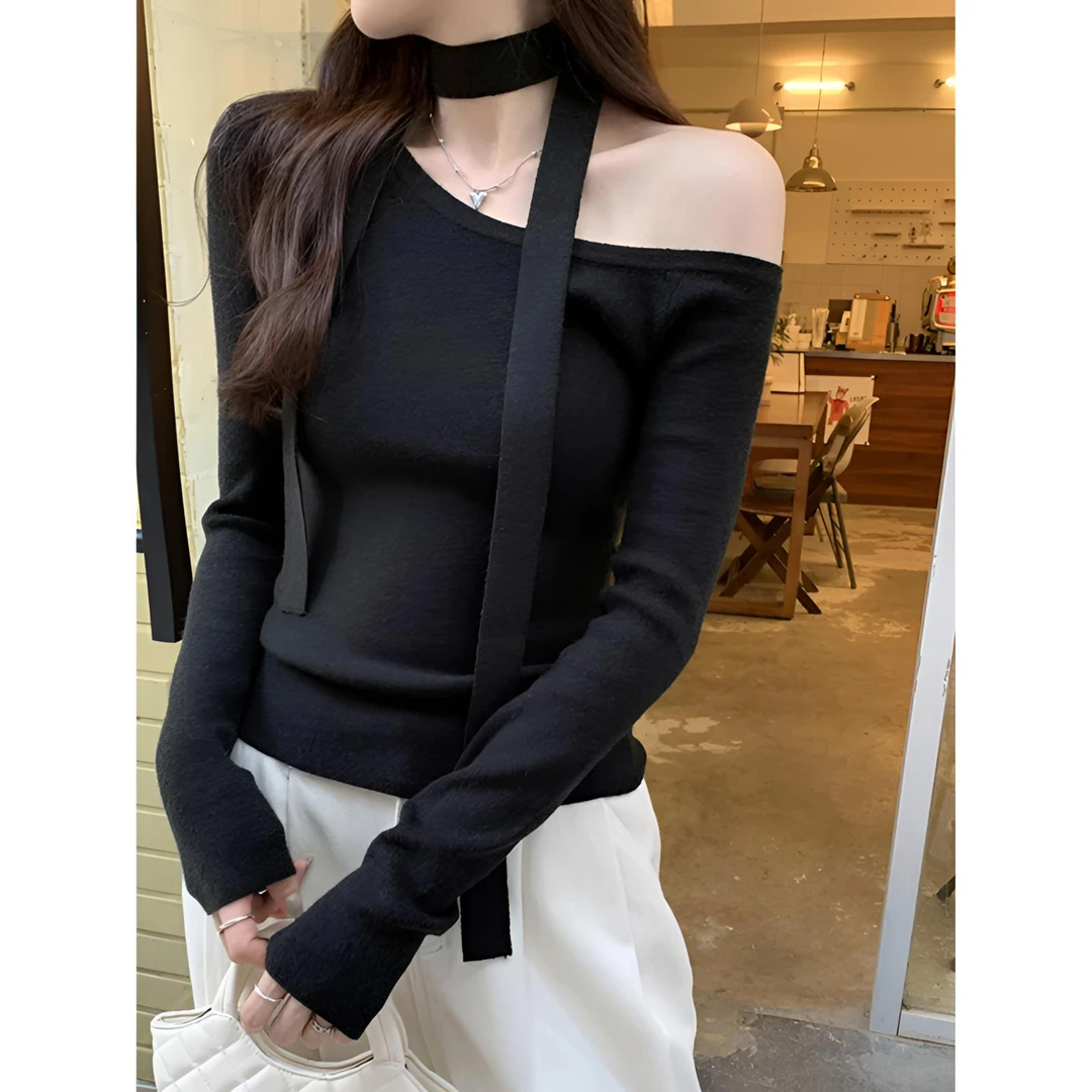 法式挂脖露肩针织打底衫女装春季新款设计感辣妹斜肩T恤内搭上衣