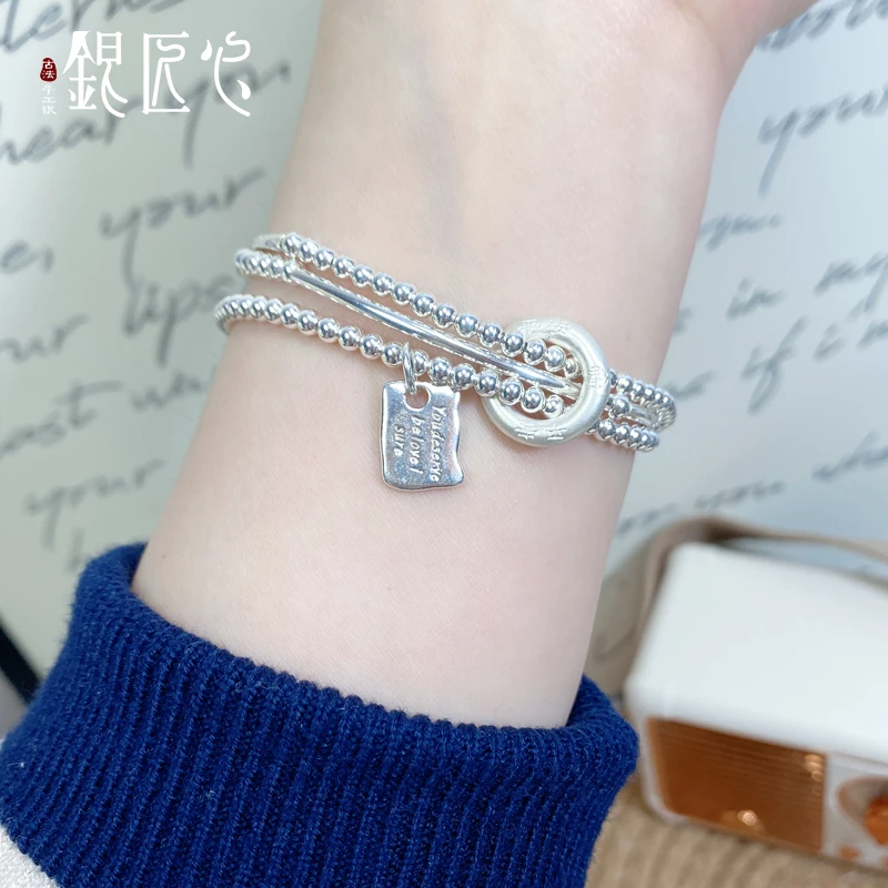 足银手链 【银匠心】足银999纯银手链平安扣三圈时尚ins风足银手串
