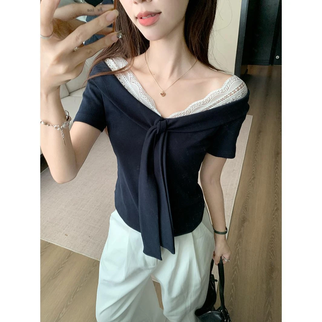 海军领蕾丝拼接短袖t恤女2025新款夏季遮肚子独特绝美高级感上衣