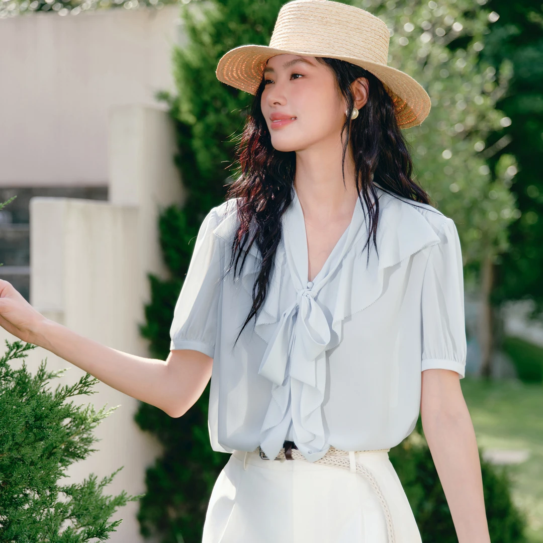 伊芙丽荷叶边领口飘带飘逸感雪纺衬衫2025夏季新款上衣1G4922091