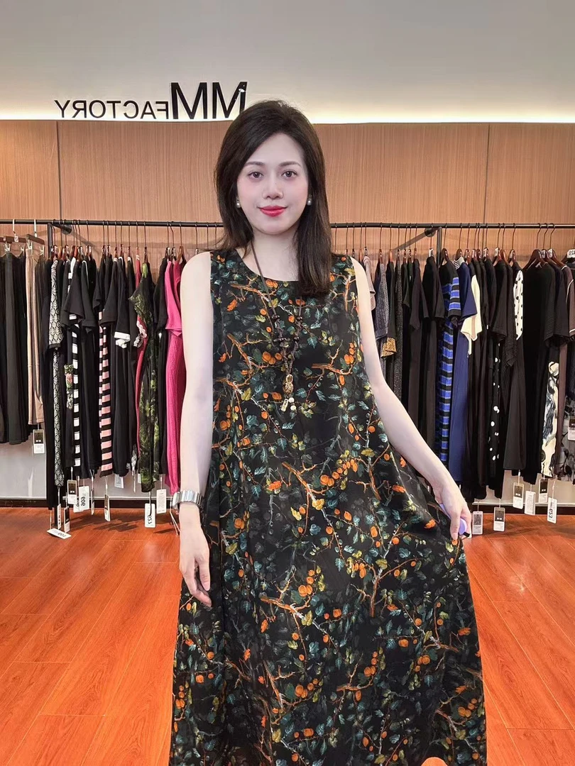 646 MM factory圆领夏季连衣裙无袖长裙中腰休闲夏季旗袍显瘦提花