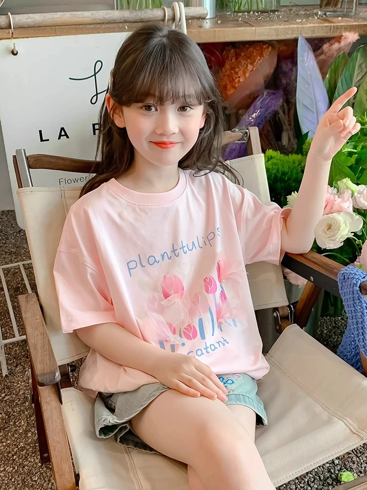 女童短袖T恤夏季2025新款洋气休闲女孩夏款宽松上衣儿童夏装体恤