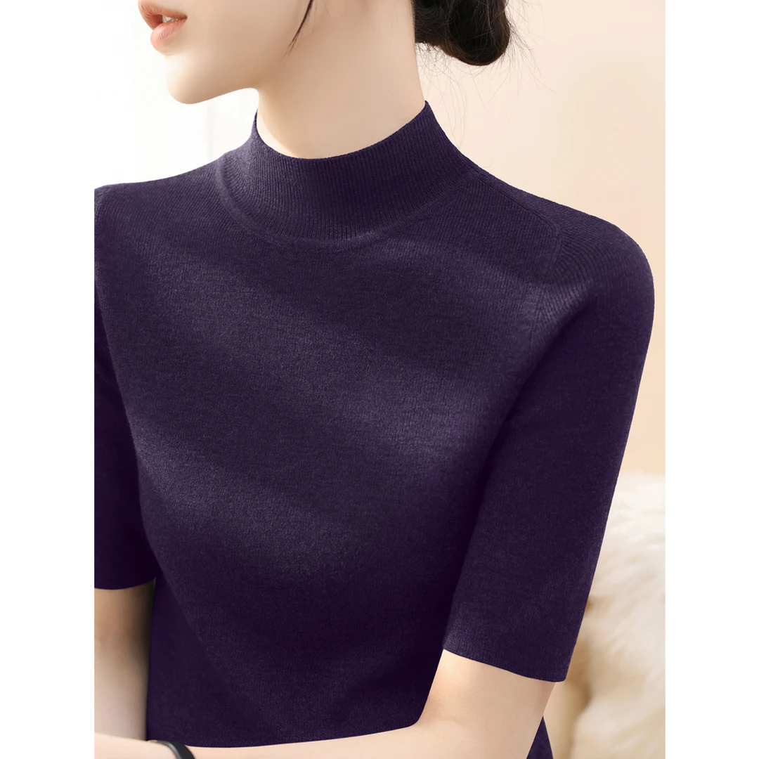 2025年新款修身气质内搭打底衫毛衣秋季半高领百搭中袖上衣简约女