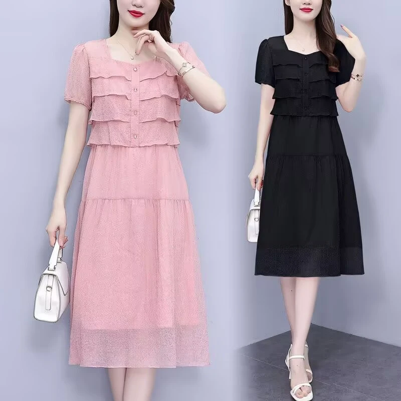 2025年夏季新款时尚简约层层叠叠气质中长款连衣裙98756