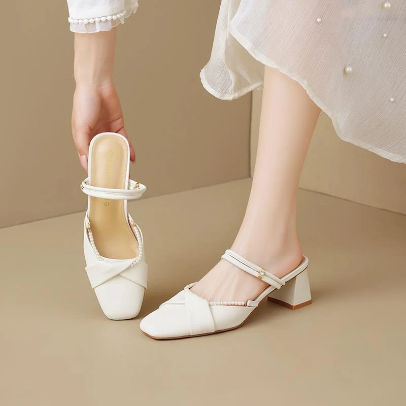 羊皮版~包头版拖鞋女夏天配裙子外穿高跟绝美单鞋法式粗跟穆勒鞋