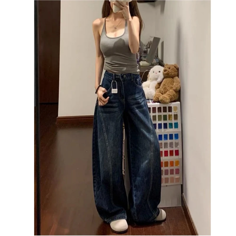 雪千羽美式复古阔腿牛仔裤女秋季新款梨形身材宽松显瘦拼接弯刀裤