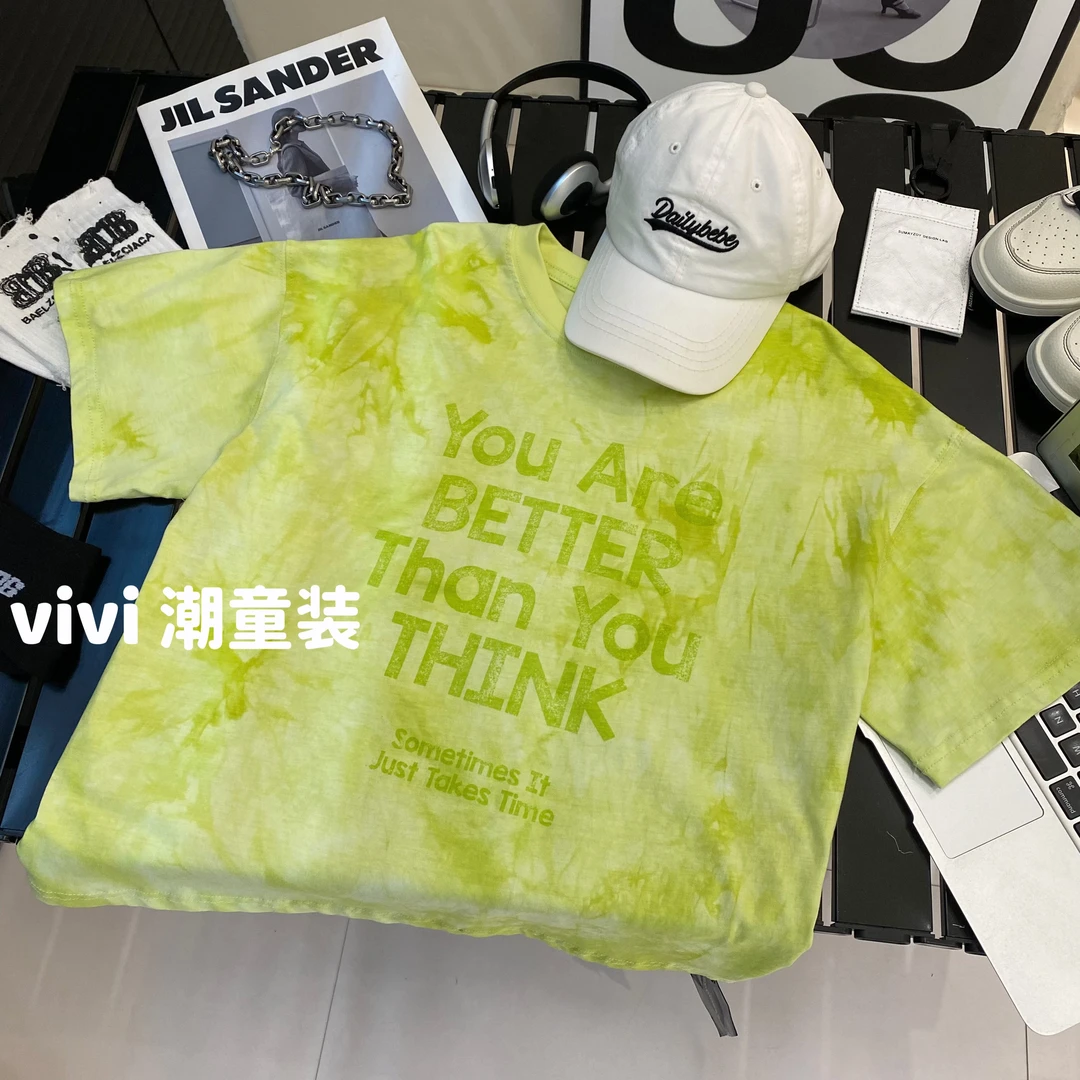 VIVI童装 2025夏季潮牌中大童苹果绿扎染渐变字母短袖T恤