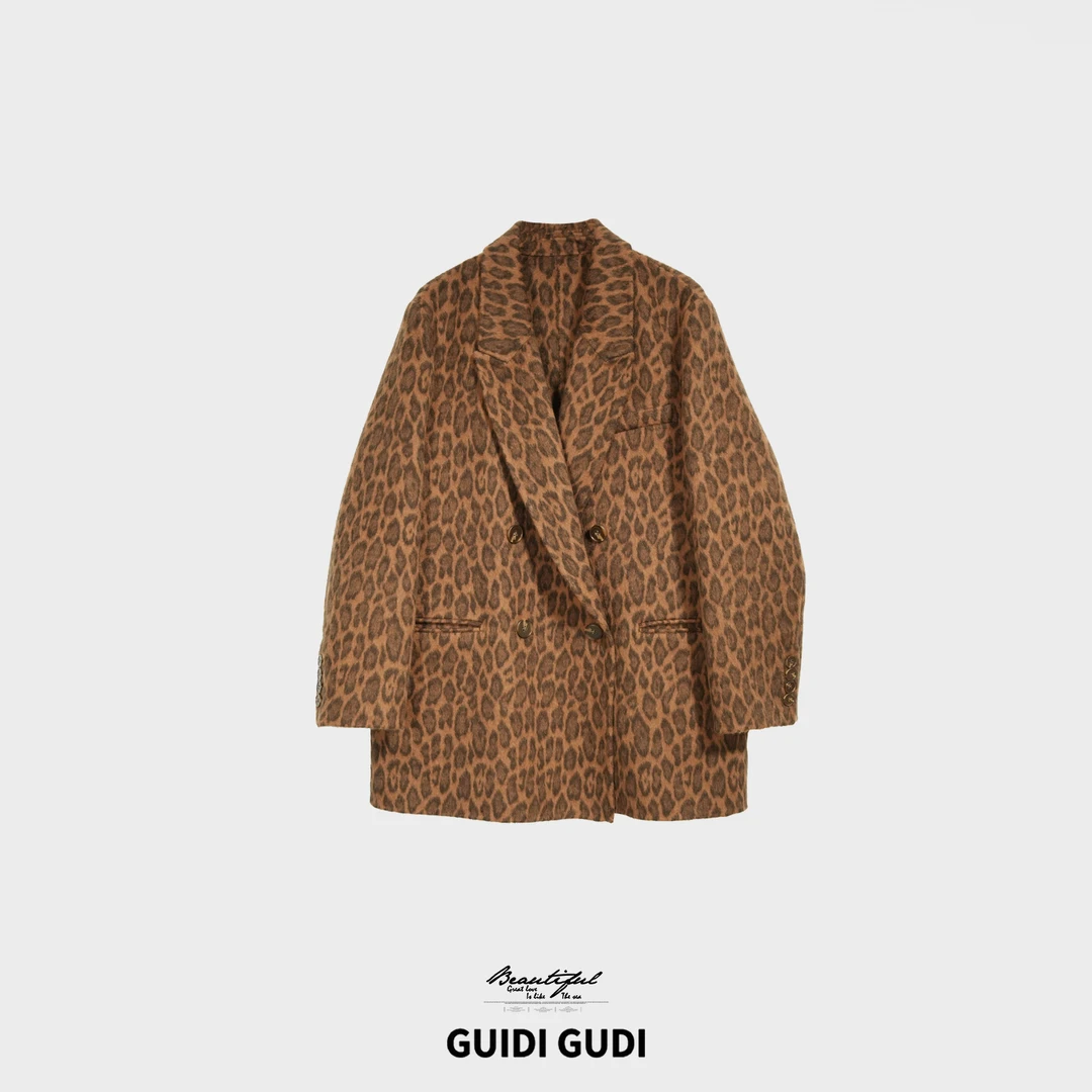 GUIDI GUDI【芦苇花】秋冬款宽松型豹纹外套/黄加蓝