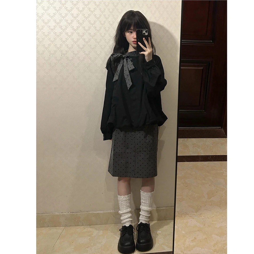 2025早秋新款小众套头上衣花苞蝴蝶结衬衫外套波点半裙套装