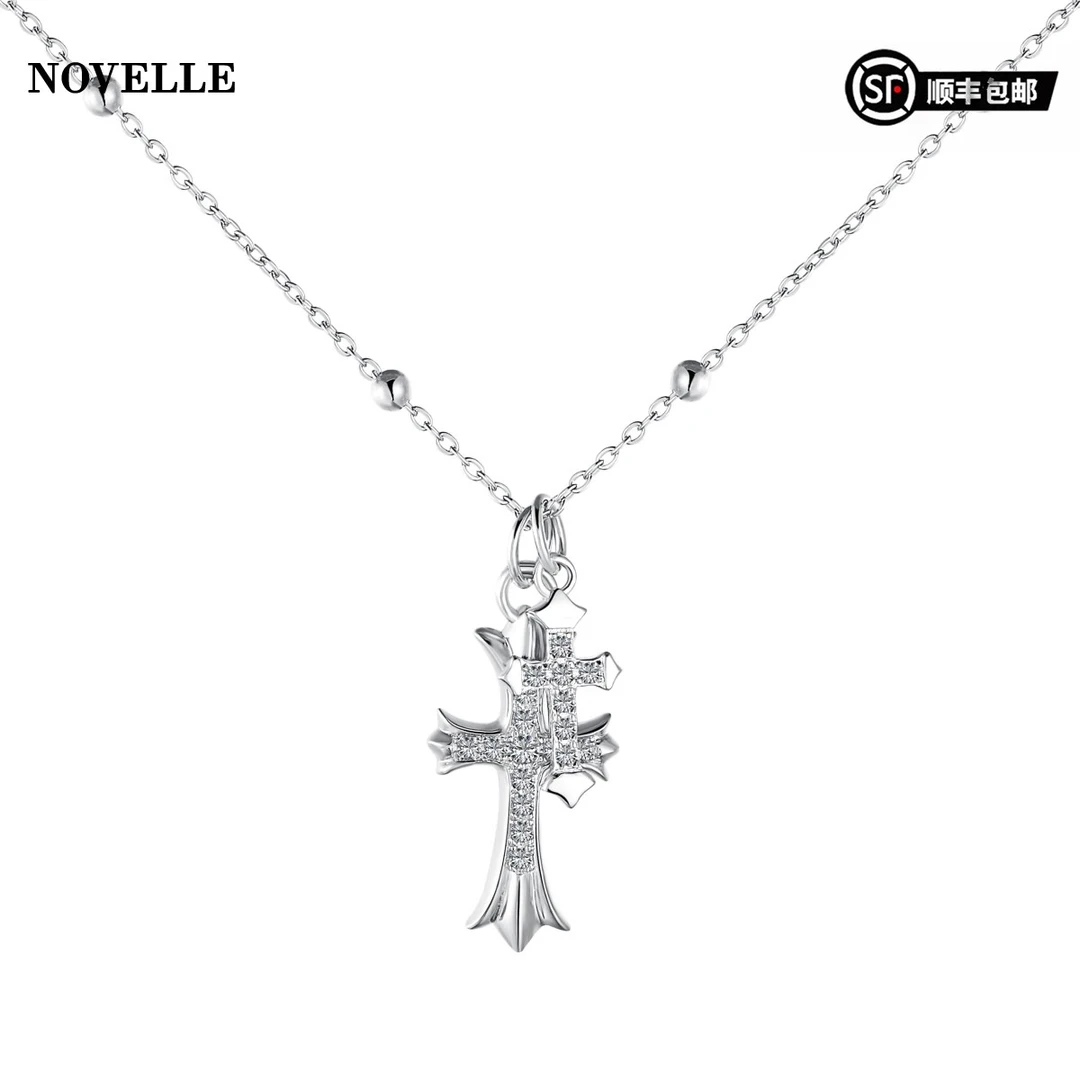 坠链均925银锆石 守护系列 微镶锆石双十字架个性小众间珠项链女