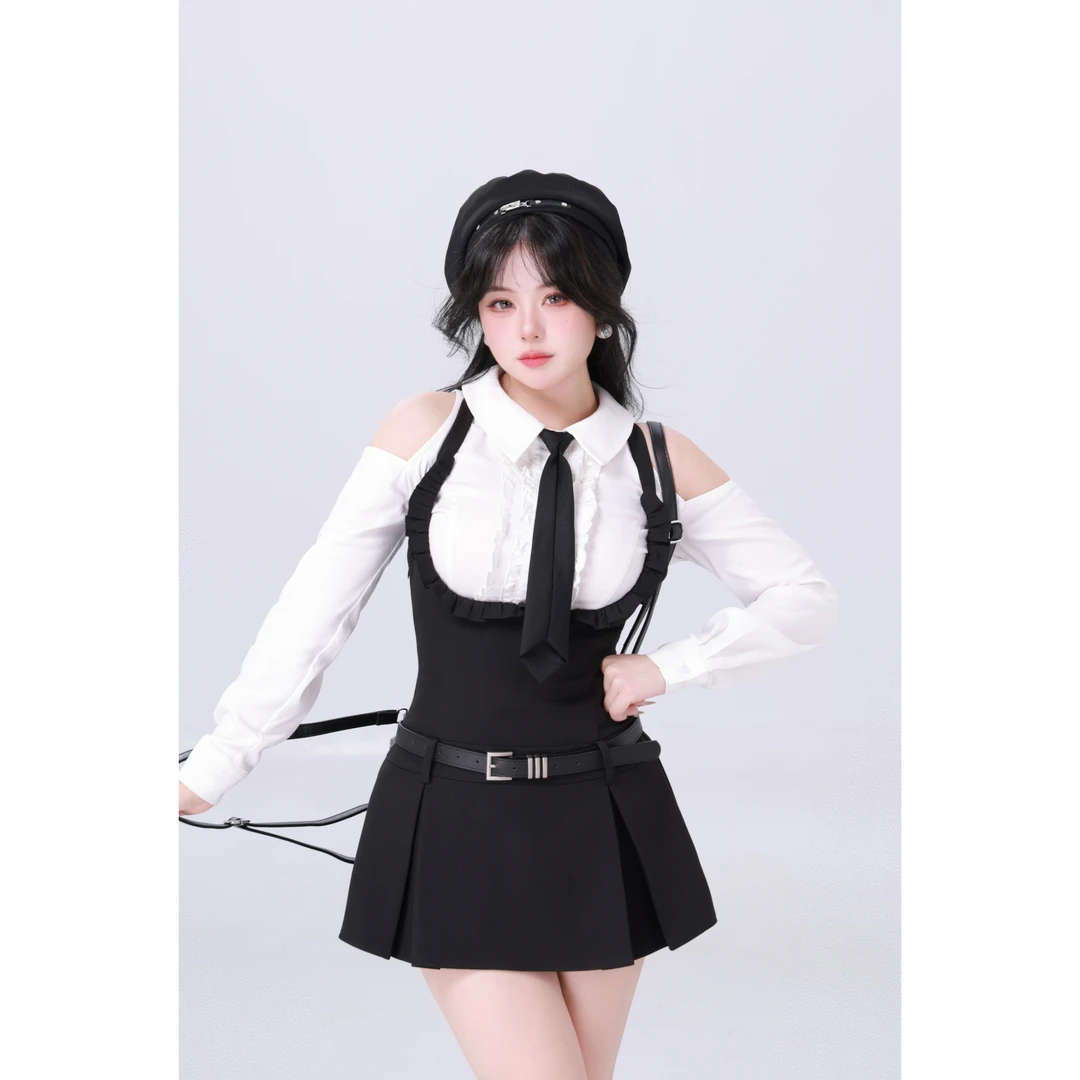 618清清MengFairy【茶艺撩人心】设计感衬衫高腰背带裙套装3538M